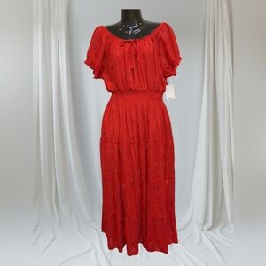 0203 Anthropologie Kindred Red Off-Shoulder Midi Dress with Puff Sleeves